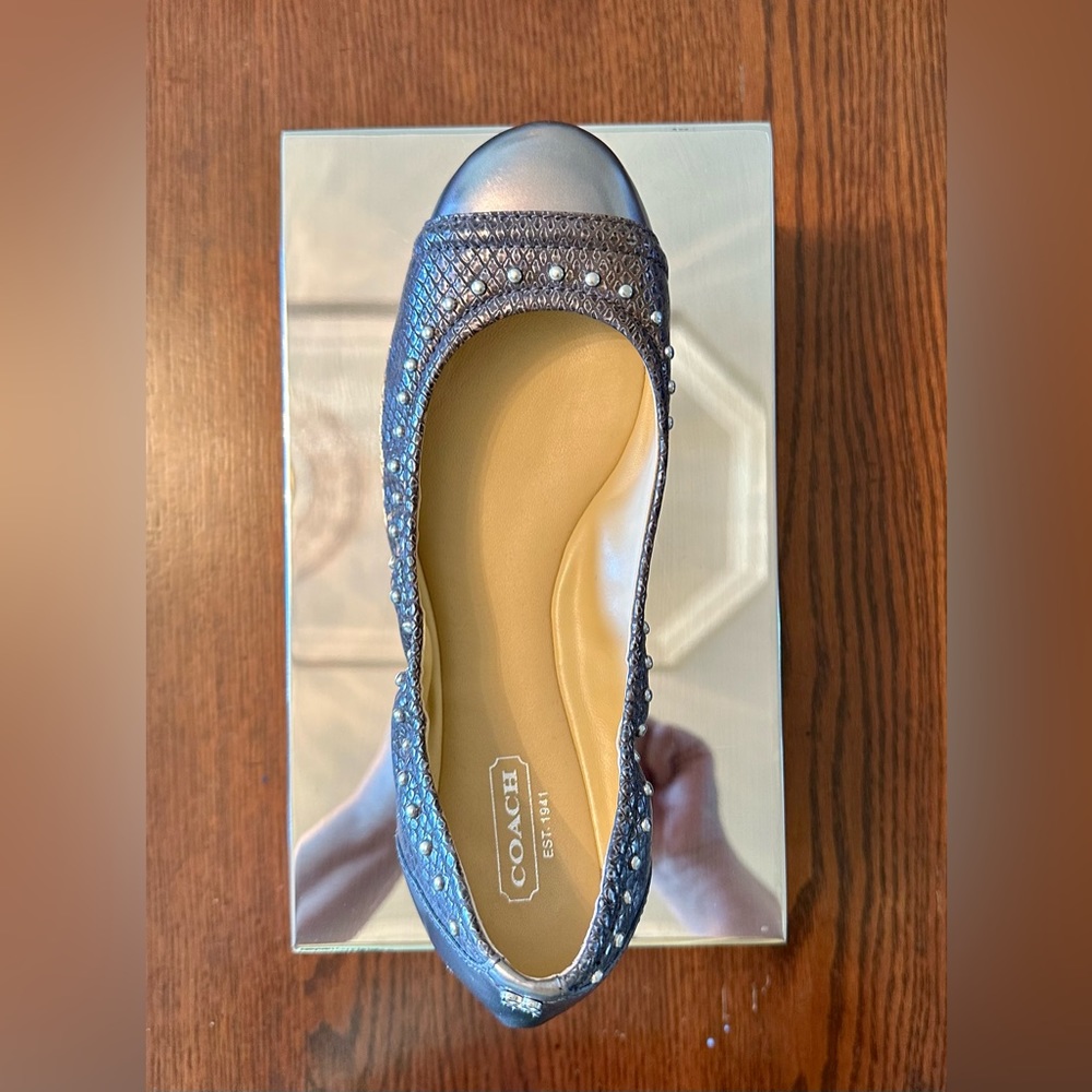 COACH!🤩Delia-leather studded flats/metallic pewter/size-6.5 B
